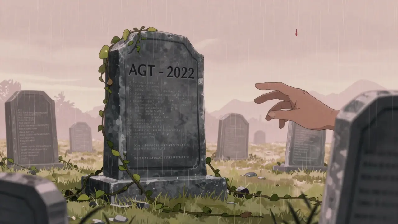 A digital tombstone for AGT in a graveyard of dead crypto projects, alone and forgotten.