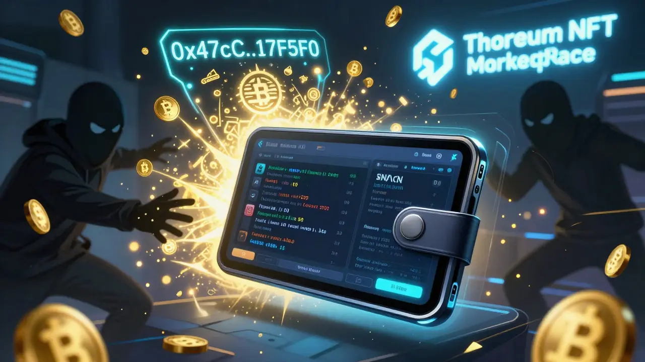 A digital wallet glowing with BNB reflections, protected from scammer figures by golden energy.