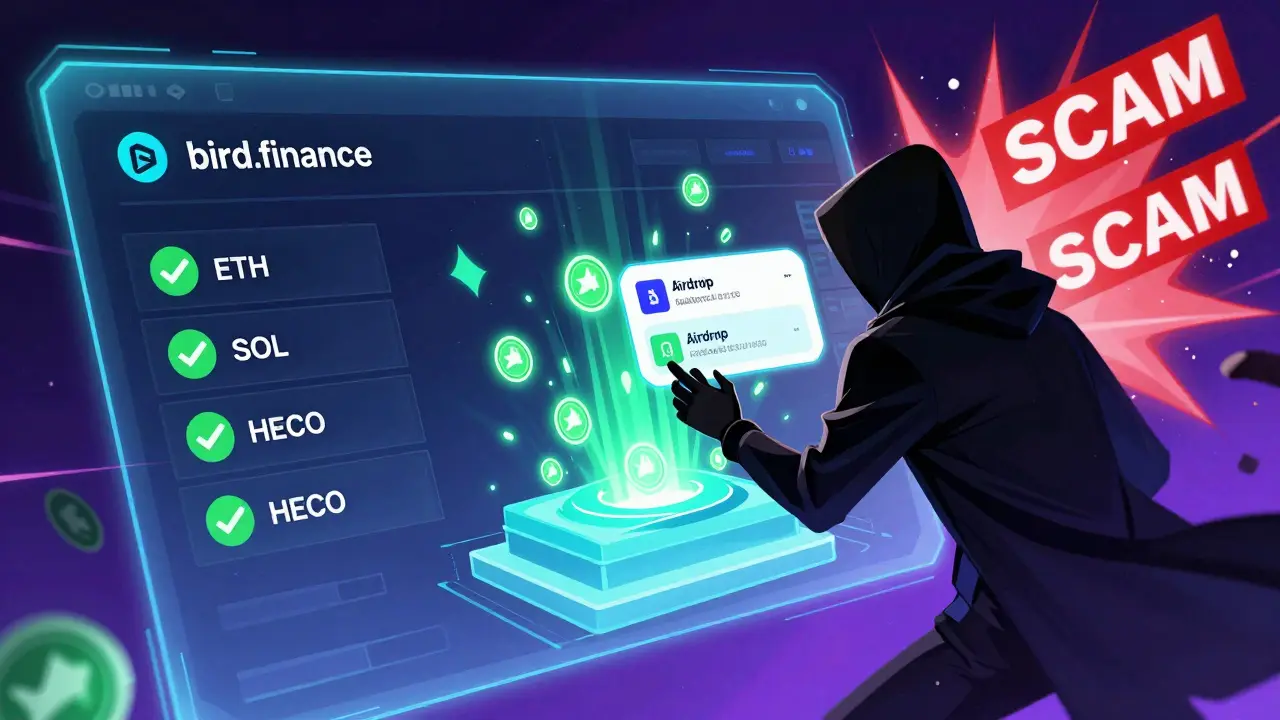 A holographic DeFi dashboard showing legitimate staking on Bird Finance with fake airdrop scams exploding in the background.