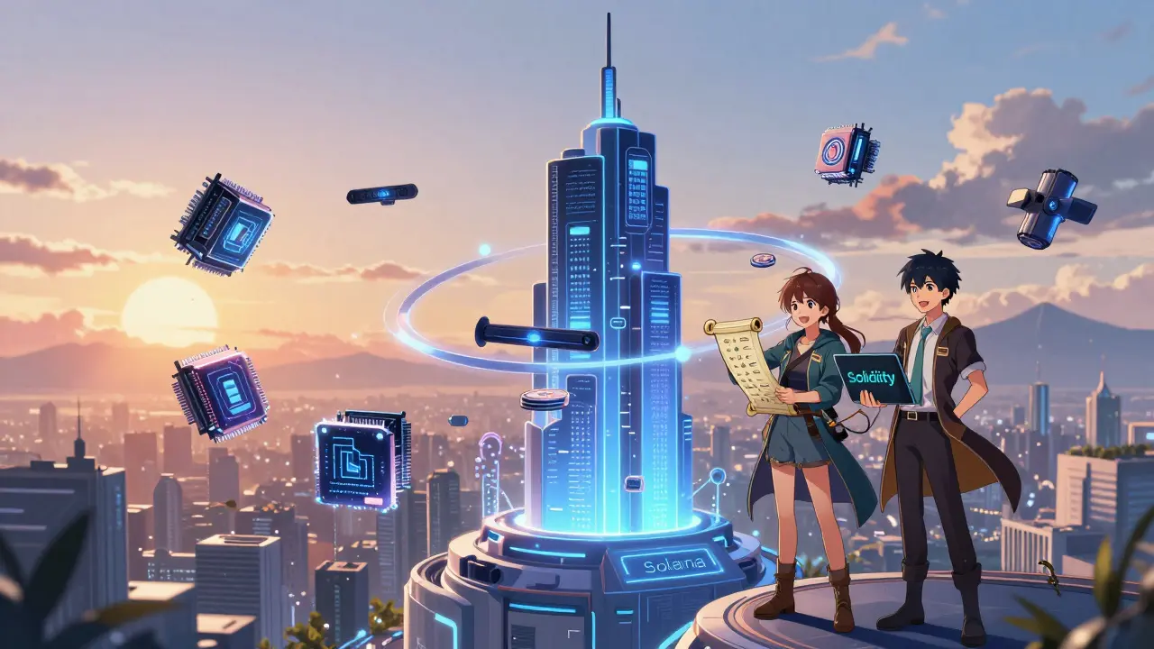 A hybrid blockchain landscape with monolithic and modular elements merging at dawn.