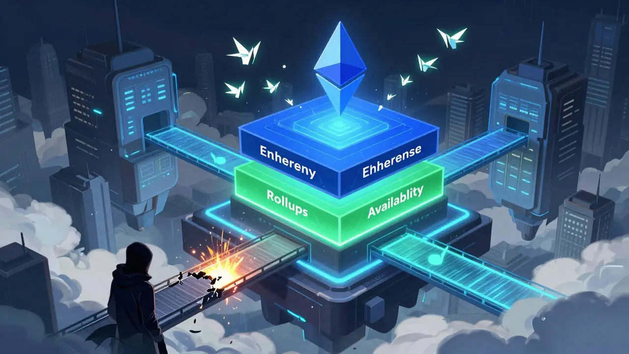 A layered modular blockchain city with glowing tiers and a broken bridge.