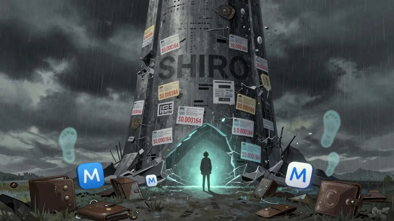A lone figure before a crumbling SHIRO monument covered in fake price predictions and abandoned wallets.