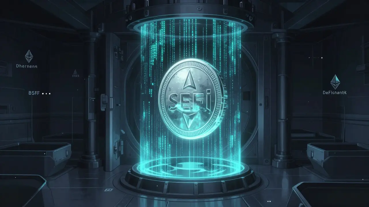 A lone SEFI token trapped in encrypted code, surrounded by barren DeFi chains in a dark holographic vault.