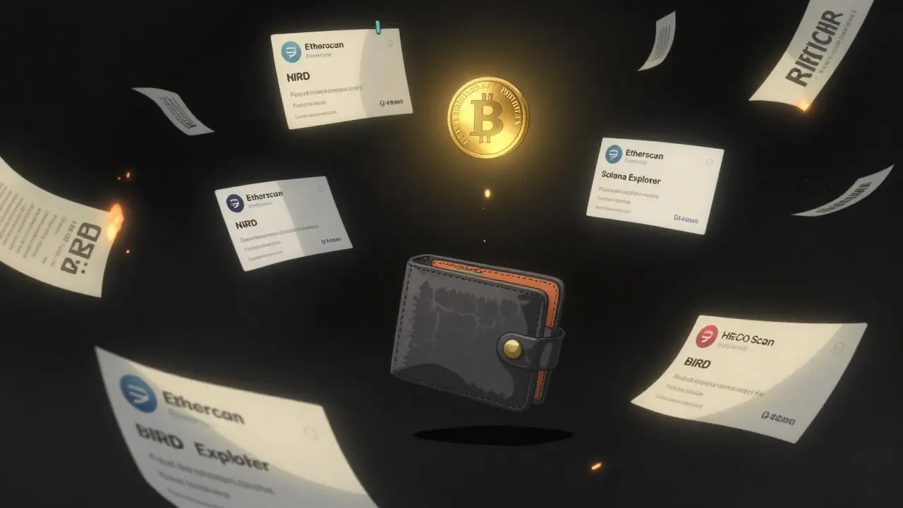 A solitary BIRD token drifting down from a verified tweet, surrounded by blockchain explorers showing no airdrop transactions.