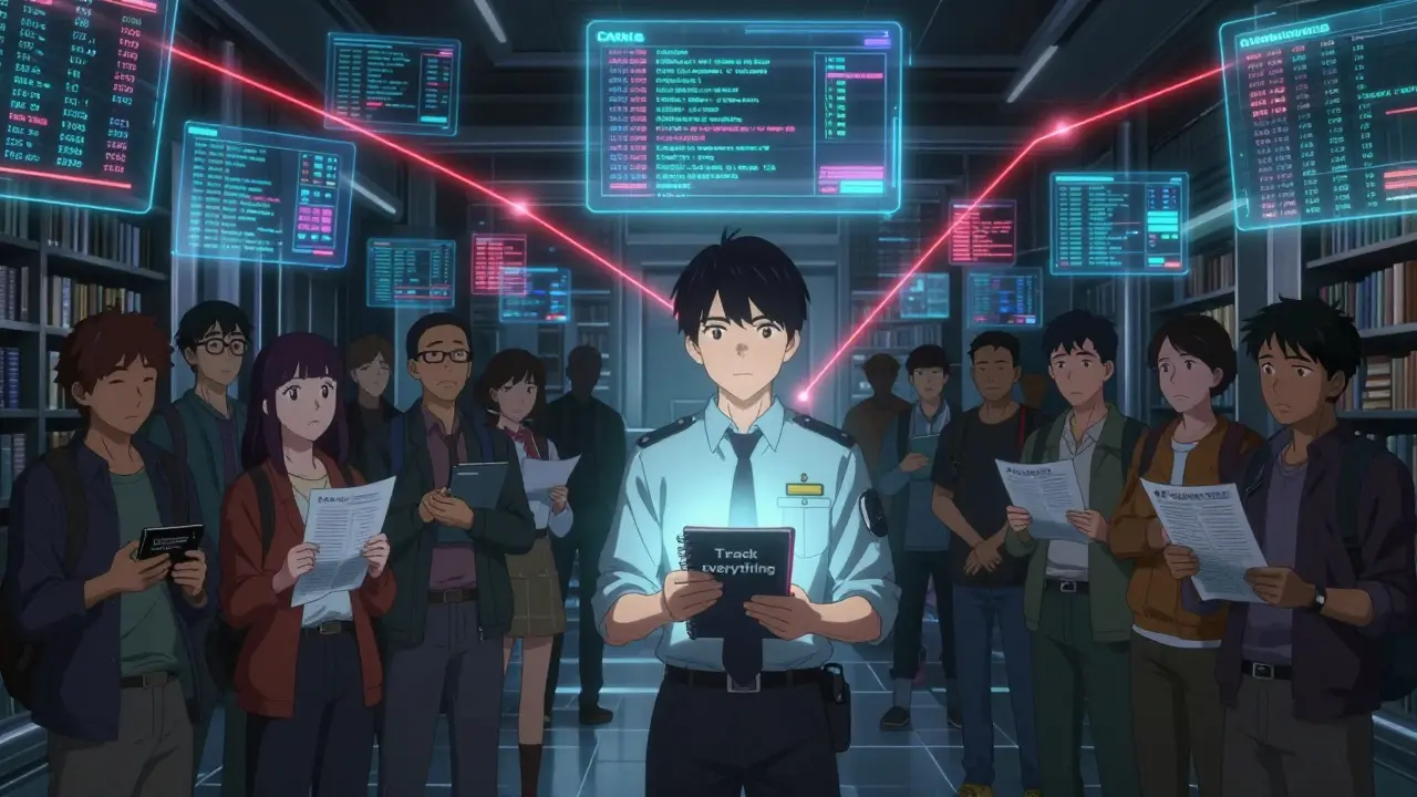 A tax auditor in a data library surrounded by holographic crypto transactions and worried Canadians.