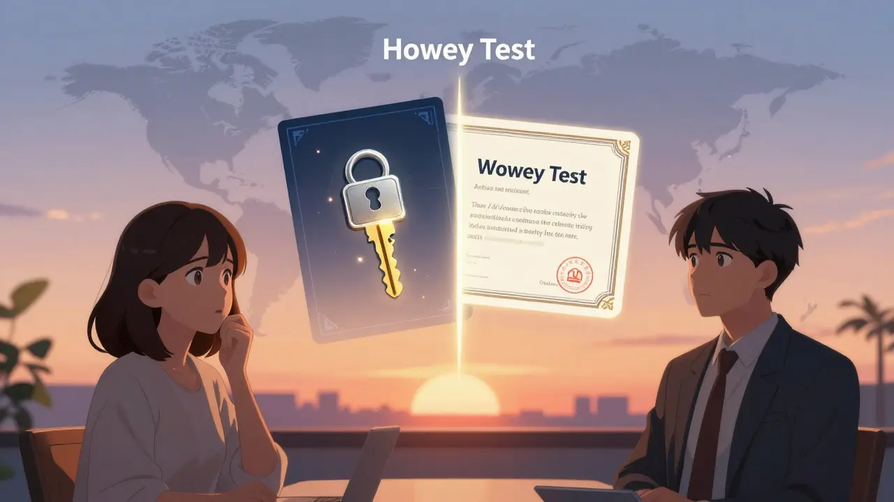 A token splitting into utility and security forms, with contrasting figures on either side under a global regulatory map.
