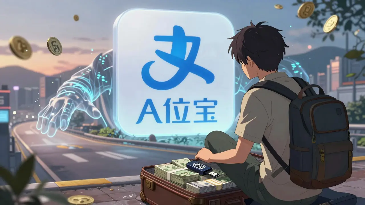 A traveler at the Hong Kong border carries cash and crypto, while a giant Alipay/WeChat Pay logo blocks their path.