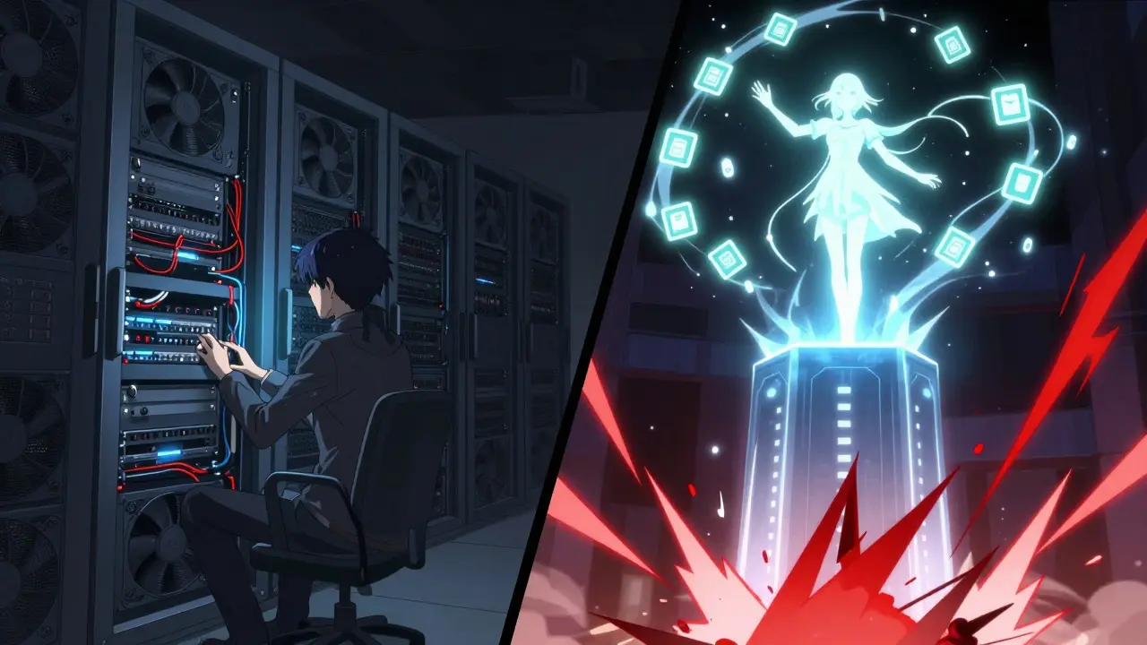 A validator's physical form beside servers, while their spirit votes on a towering blockchain with a slashing threat looming.