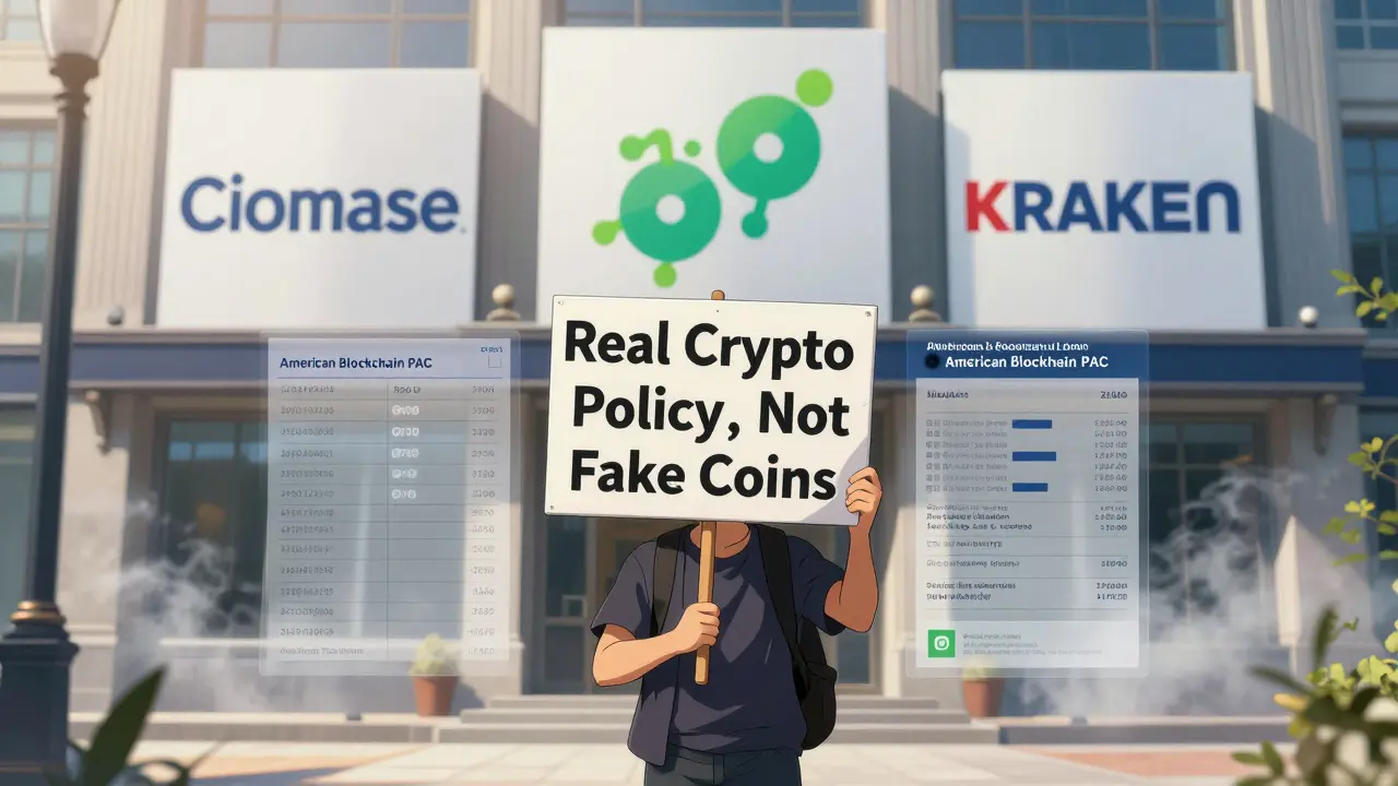 An activist protests outside a crypto lobbying office with corporate logos looming in the background.