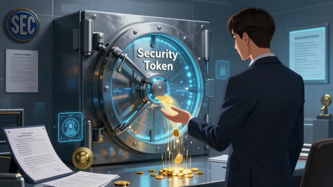 An investor standing before a secure vault with legal documents and golden dividend payments flowing around them.