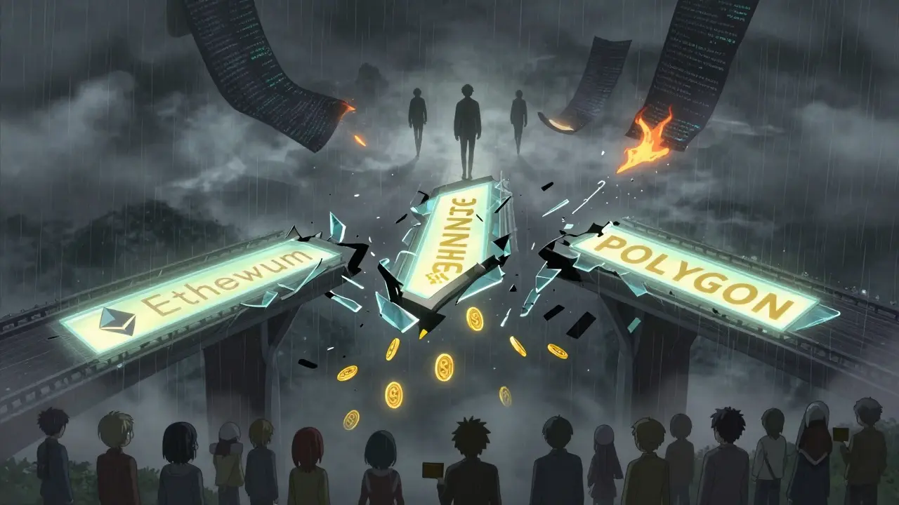 Collapsing blockchain bridge with falling tokens and departing developers in anime style.