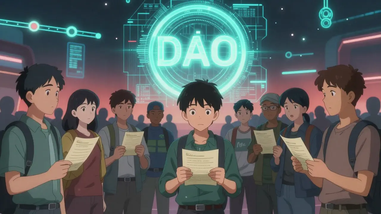 Community members holding cryptographic notes beneath a flickering DAO hologram in a neon plaza.