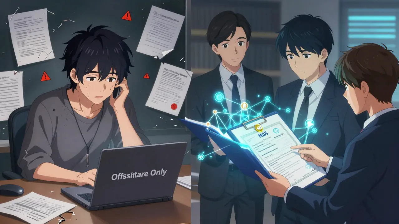 Contrasting anime characters: one failing without compliance, another thriving with licensed trust.