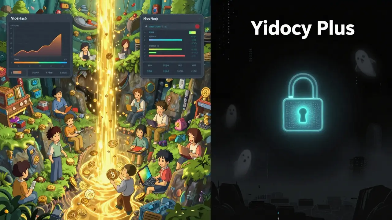 Contrasting vibrant mining platform on left and empty void labeled Yidocy Plus on right, with zero tokens as ghosts.