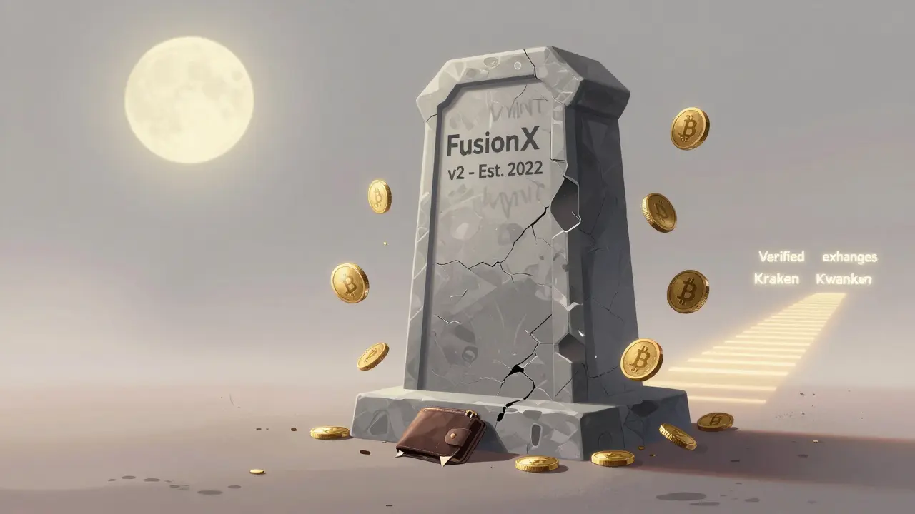 Digital tomb for FusionX v2 with frozen crypto tokens and a broken wallet in silent ruin.