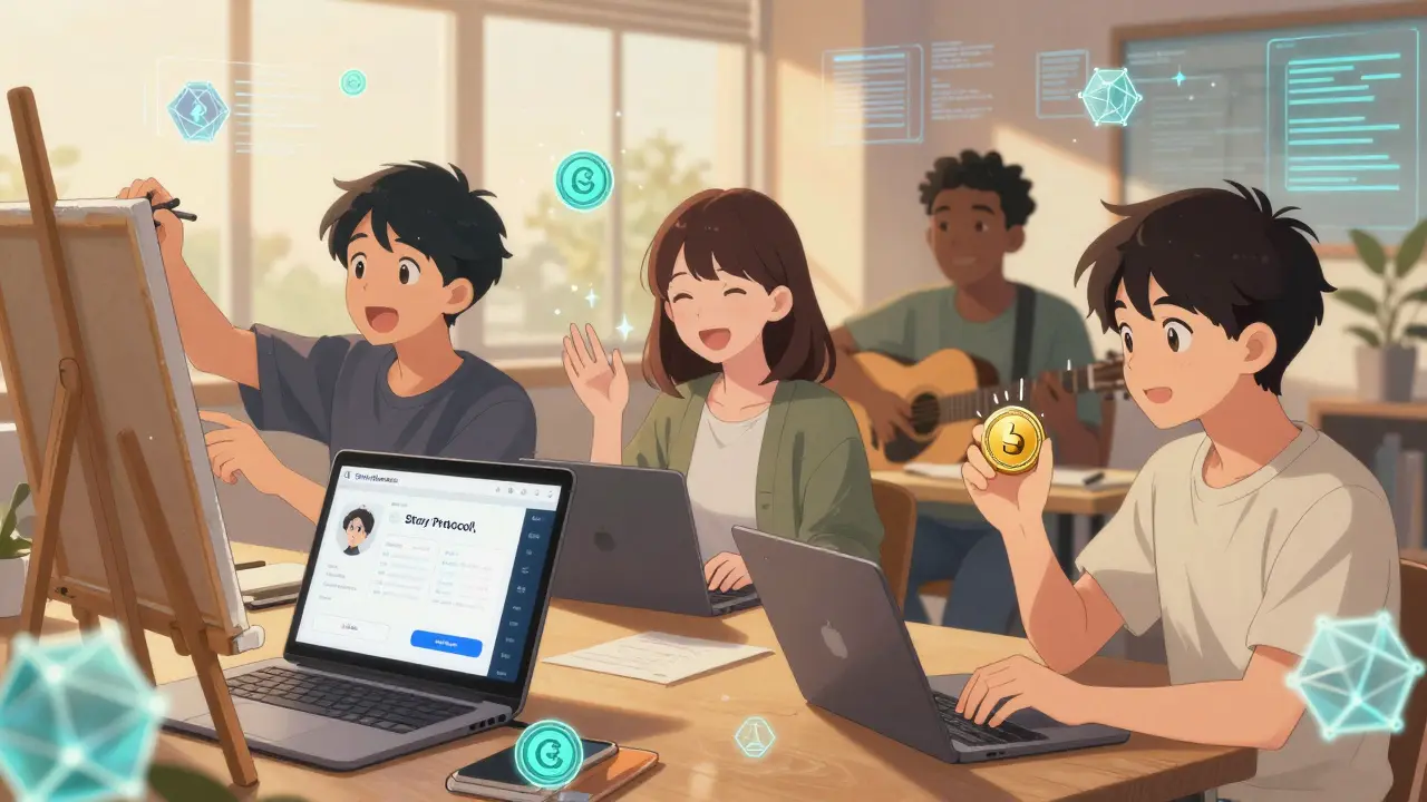 Diverse creators actively using Story Protocol, Pump.fun, and DAO tools with glowing blockchain visuals.