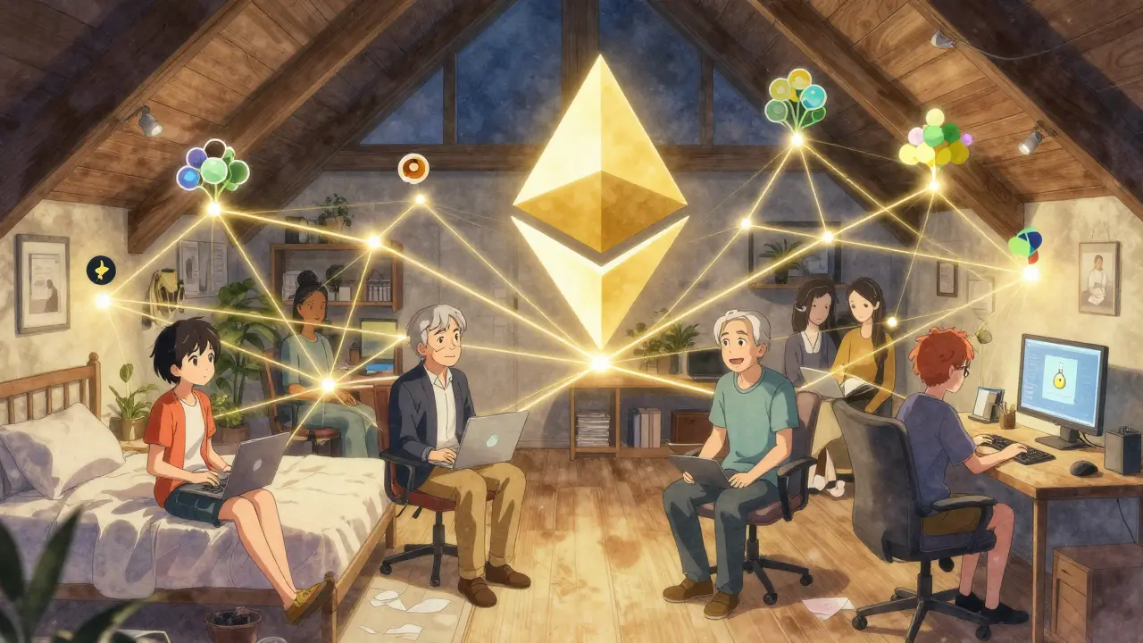 Diverse validators connected by golden threads forming a global network, with Ethereum's logo glowing at the center.