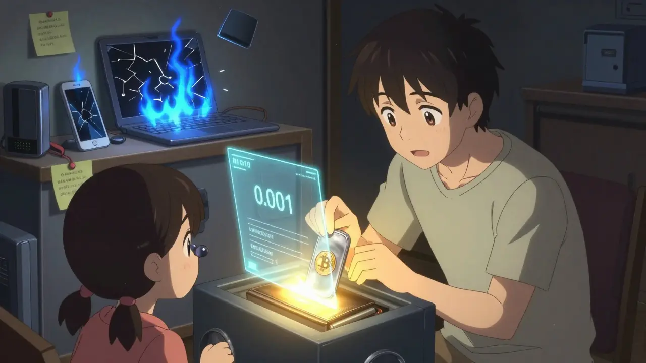 Family safely storing seed phrase on steel plate using a hardware wallet, digital devices burning behind them.