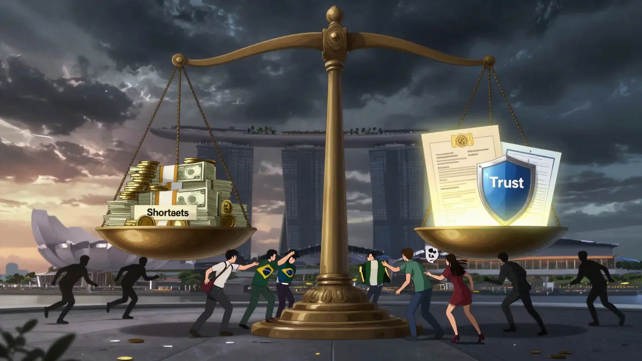 Giant balance scale in Singapore with shortcuts vs trust, users reaching toward the licensed side.