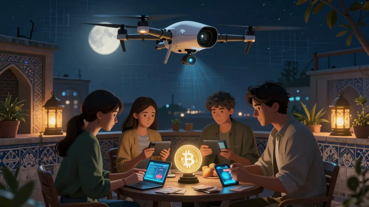 Iranians swap DAI for goods on a rooftop at night, while a surveillance drone hovers above.