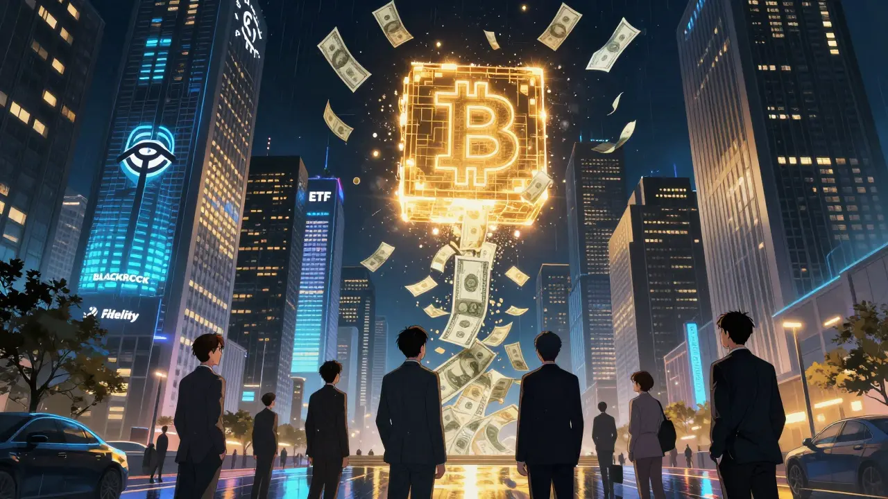 New York financial district with holographic Bitcoin ETFs and institutional money flowing into a blockchain core.