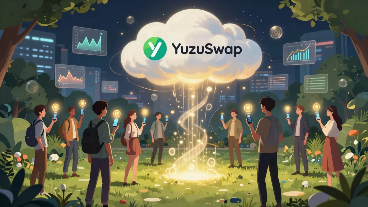 People in a park sharing anonymized data that generates ROSE tokens