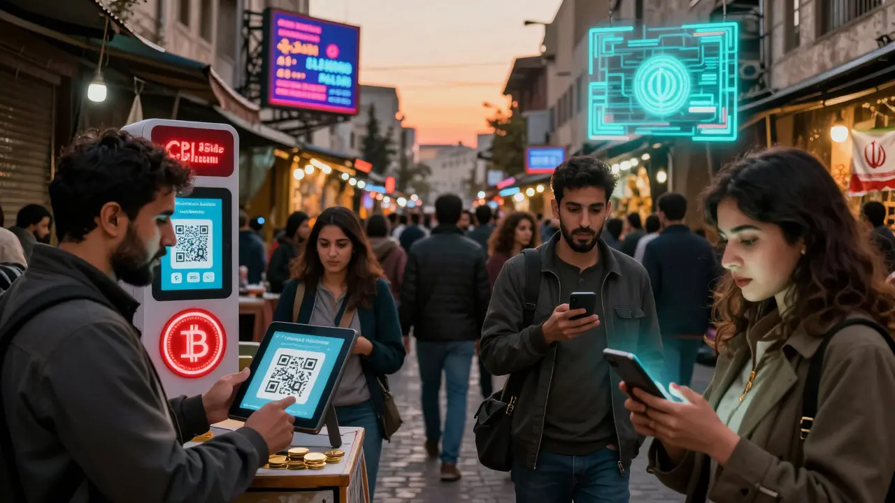 People in Tehran trade crypto at a market using CBI-approved kiosks and Telegram wallets.