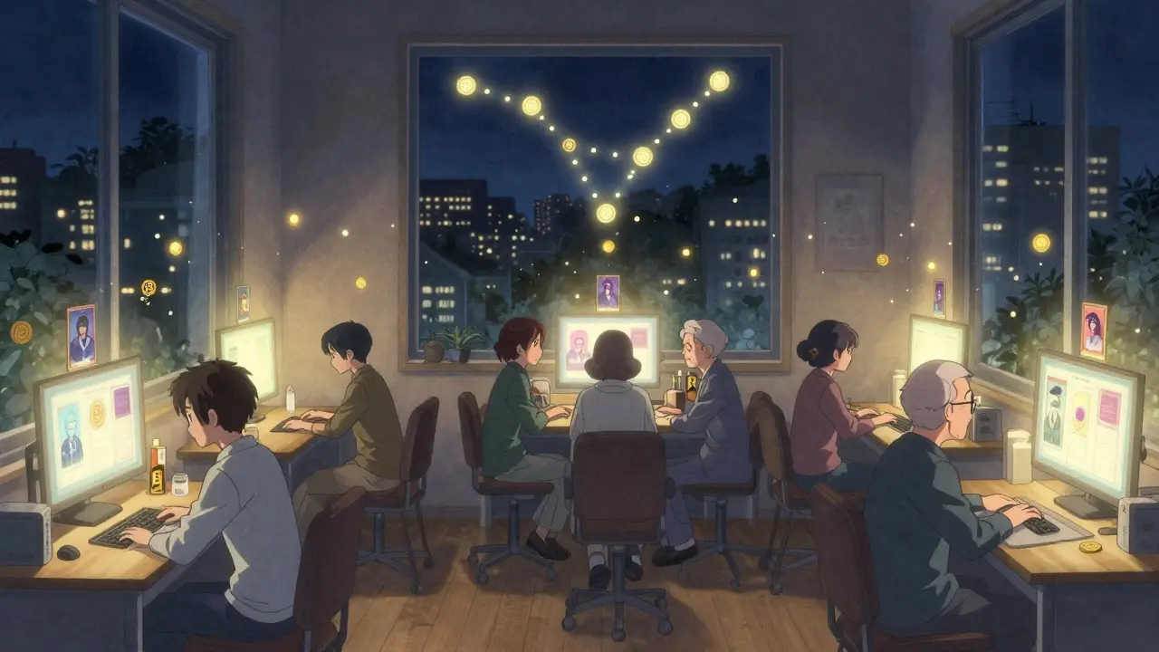 People peacefully holding NFTs at home as BNB coins float like fireflies around them.