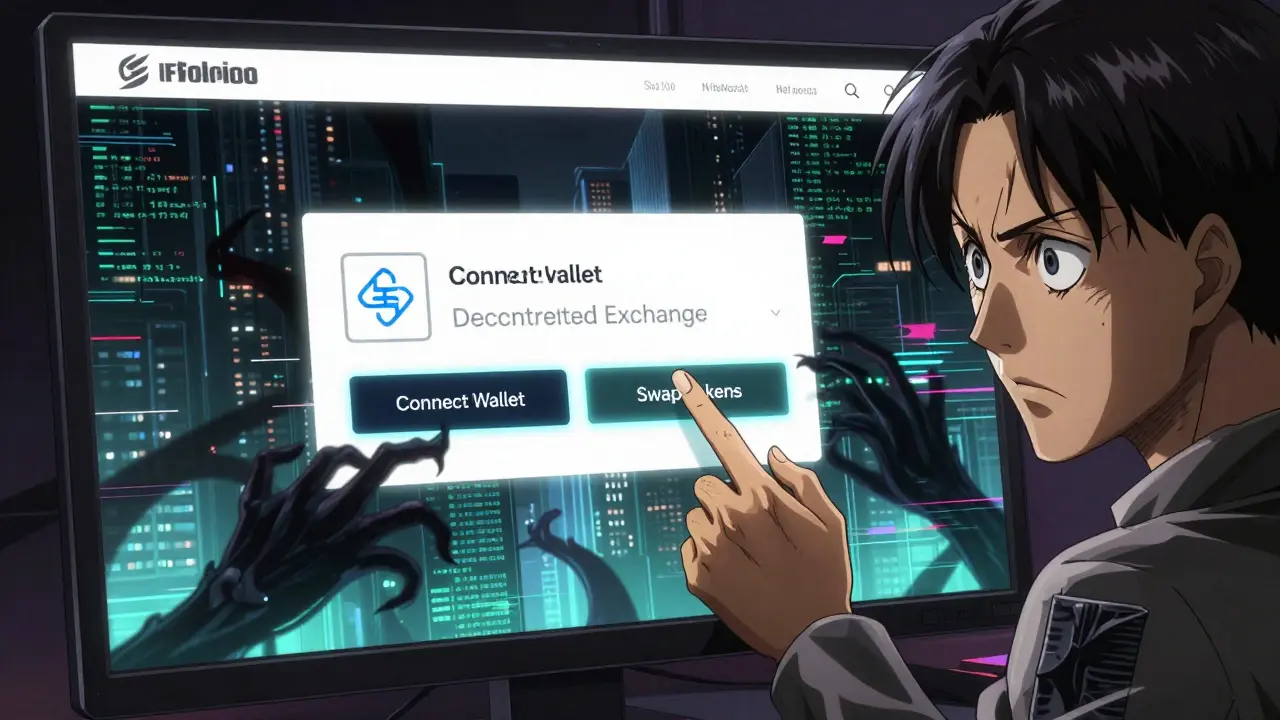 Phishing crypto page draining wallet tokens with shadowy code tentacles in anime cyberpunk style.