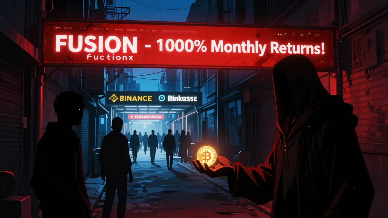 Scam website luring users with fake returns while legitimate exchanges glow in the distance.