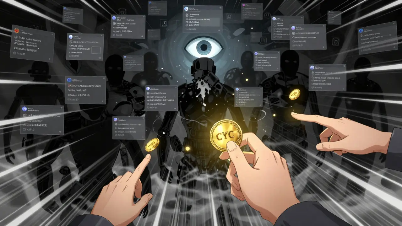 Shadowy bots disintegrating as real users claim CYC tokens under a glowing algorithmic eye.