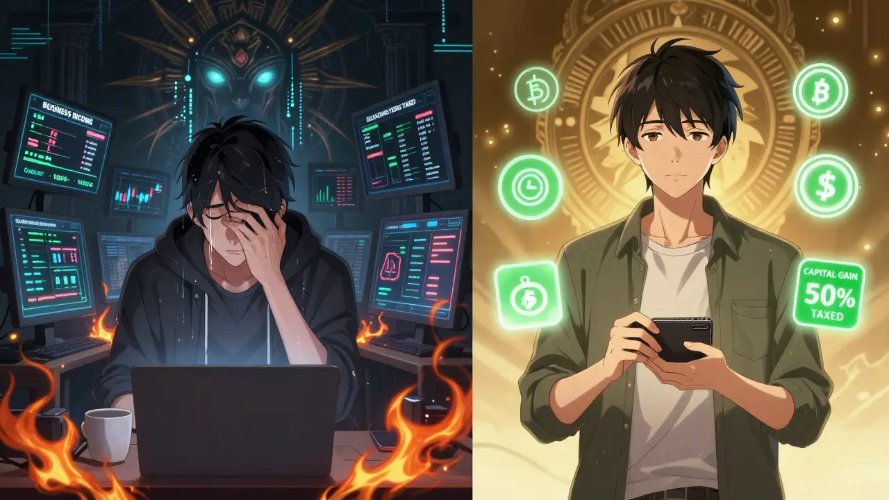Split image: a stressed trader vs. a calm investor, representing business income vs. capital gains.