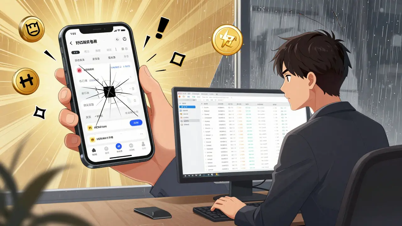 Split scene: frustrated mobile user vs. smooth desktop trader, with HENAI tokens symbolizing fee advantages.