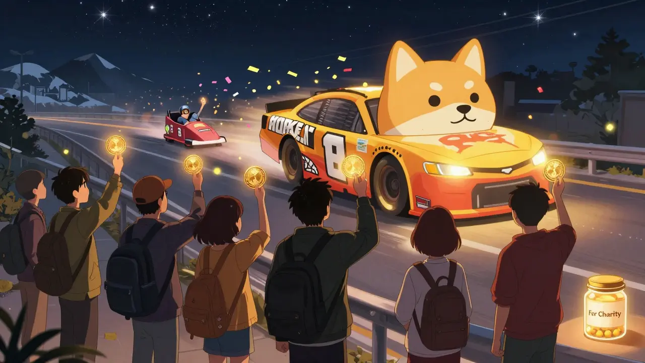 Strangers cheer as a Doge-painted NASCAR car speeds down a highway under a starry sky, with a bobsled team in the distance.