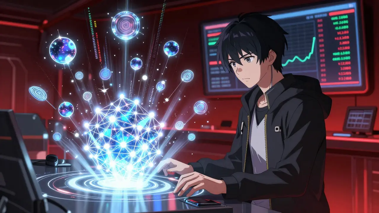 Super Node operator surrounded by glowing holographic HENAI tokens and active blockchain nodes in a cyber control room.