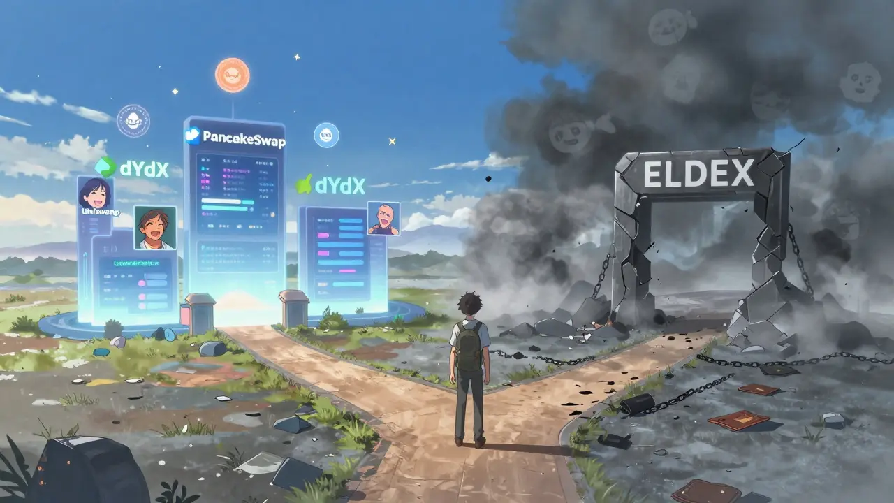 Traveler choosing between safe verified exchanges and a crumbling ELDEX portal in digital wasteland.