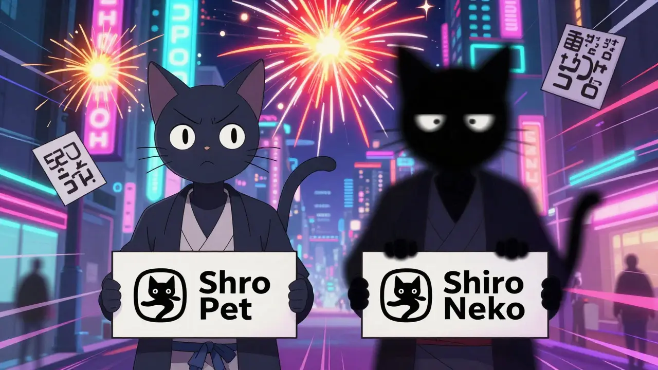 Two traders confused between Shiro Pet and Shiro Neko tokens in a neon cyberpunk city with exploding price charts.