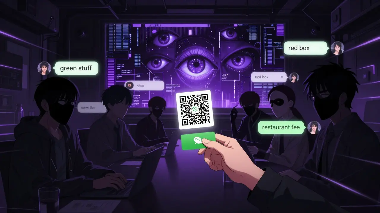 Underground crypto traders communicate via WeChat with coded messages and fake payment QR codes in a cyberpunk setting.