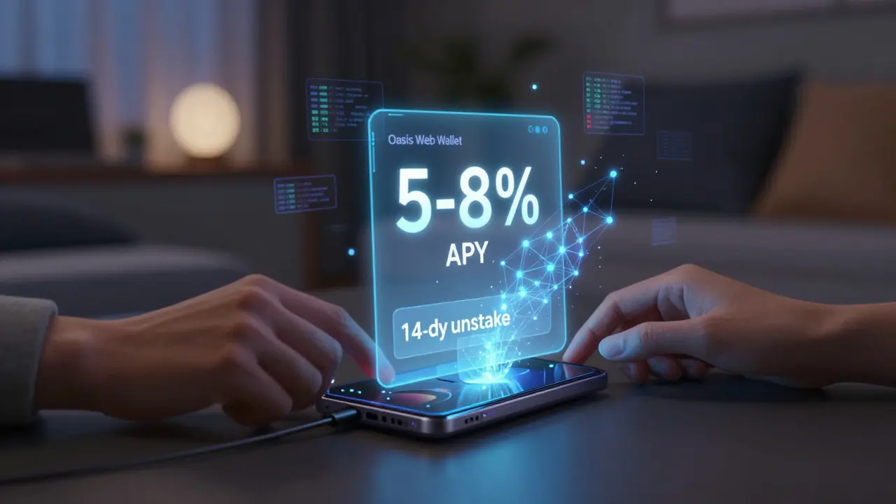 User staking ROSE with Ledger wallet using holographic Oasis interface