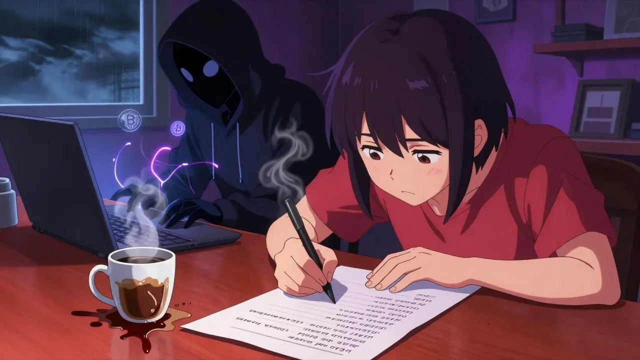 User writing seed phrase on paper beside spilled coffee, malware hacking in the background.