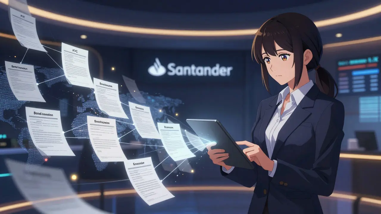 A banking executive controls a global blockchain network with floating financial documents.