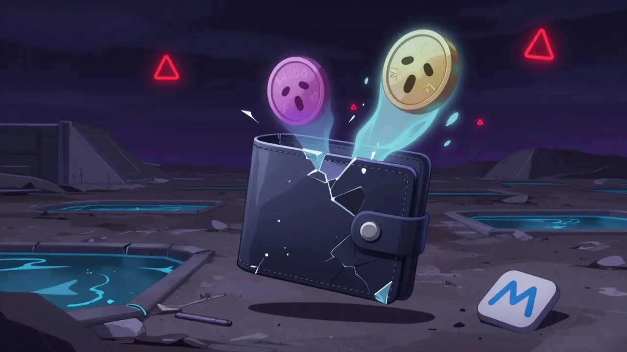 A broken wallet leaking two confused tokens in a barren digital wasteland.