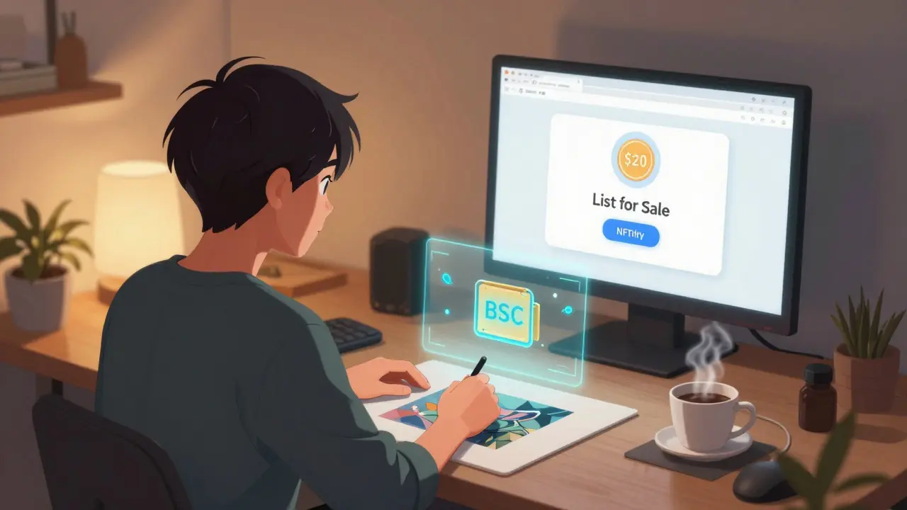 A creator proudly lists their first NFT on NFTify with a  reward token glowing nearby.