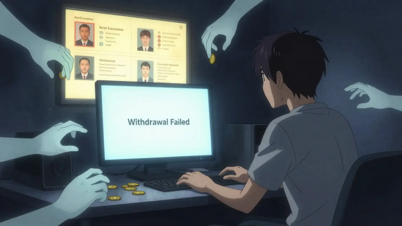 A devastated user stares at a failed withdrawal screen as ghostly hands steal crypto from their empty wallet.