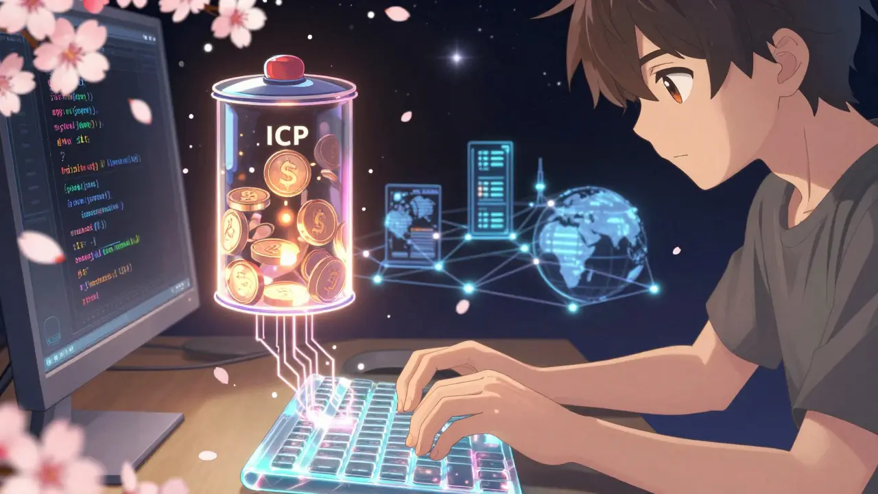 A developer typing Motoko code as ICP tokens turn into glowing cycles, surrounded by data centers across the world.