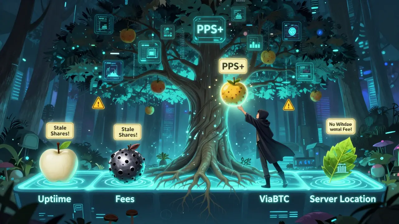 A digital tree with pool attributes as fruits, a miner reaching for the balanced PPS+ fruit.
