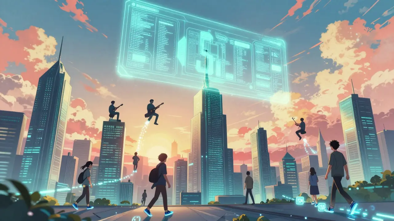 A futuristic city built from NFTs glows under a massive blockchain sky, citizens walk with digital sneakers.