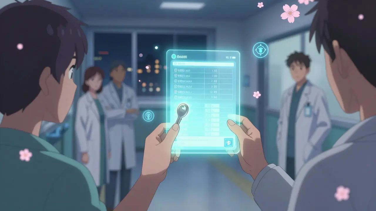 A patient uses a digital key to access their secure medical records on a glowing ledger.