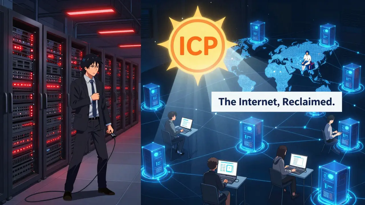 A split scene: centralized servers being shut down vs. a decentralized global network powered by everyday users.