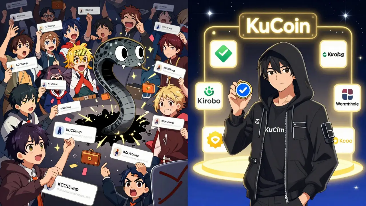 A split scene: chaotic scammers on one side, a hero with verified DEX tokens on the other, under a starry blockchain sky.